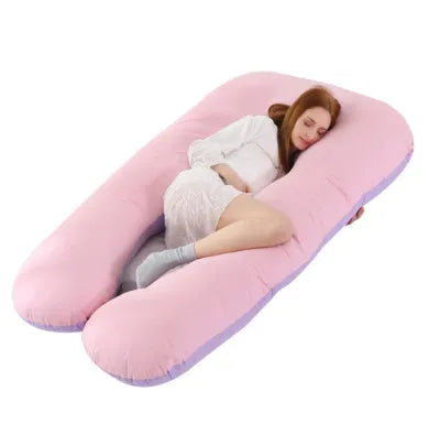 Large U-shaped pregnancy support pillow with removable cover in choice of fabrics.