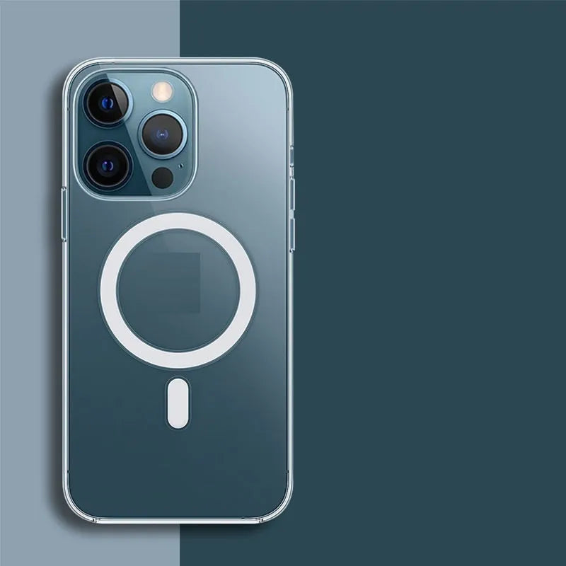 Transparent magnetic iPhone case showing clear back cover with integrated magnetic ring
