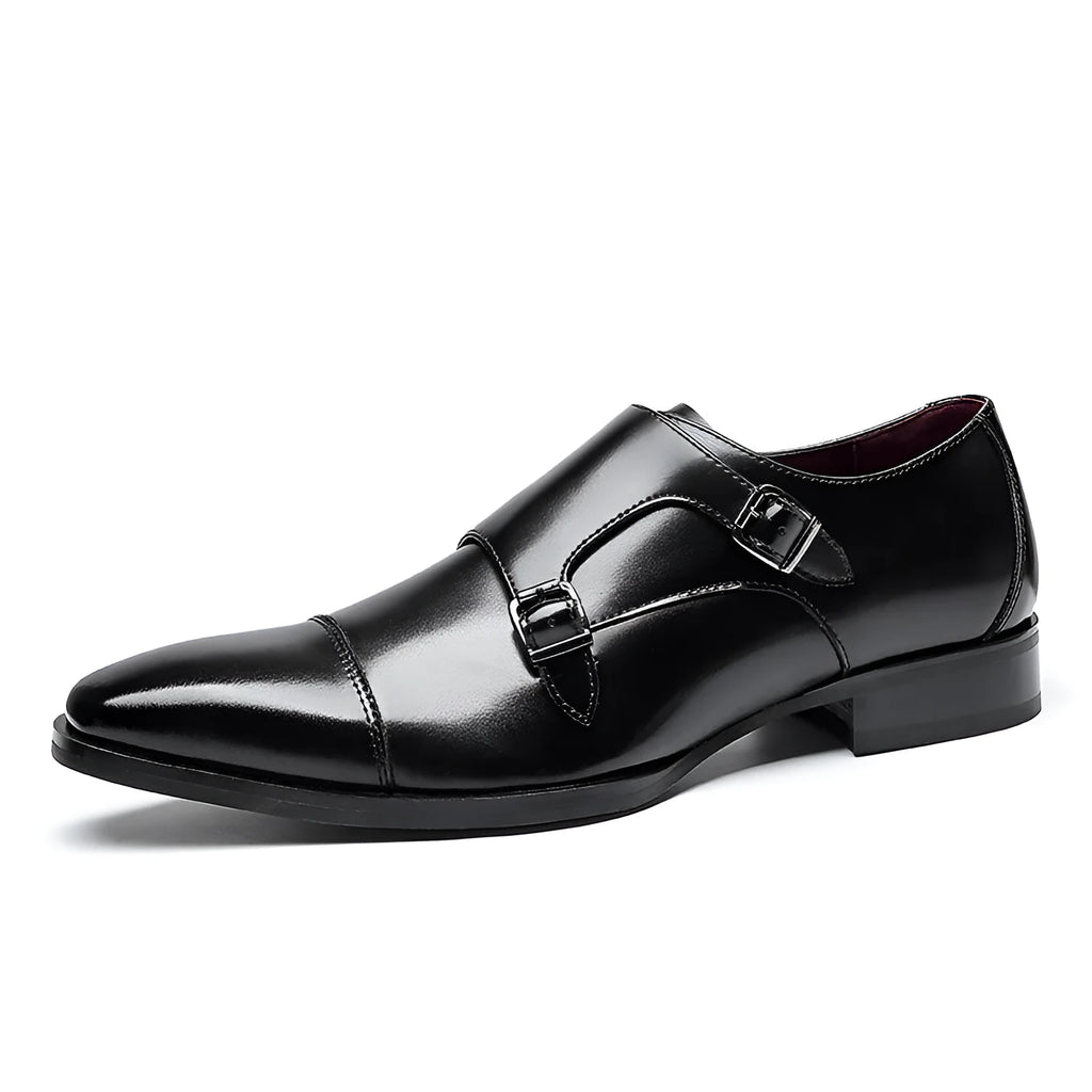 Men's black British style leather business shoes with square toe design and rubber sole