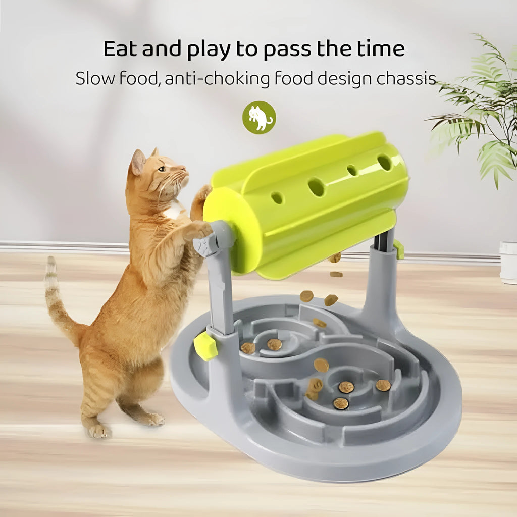 Blue interactive pet puzzle feeder bowl with adjustable height mechanism and raised patterns