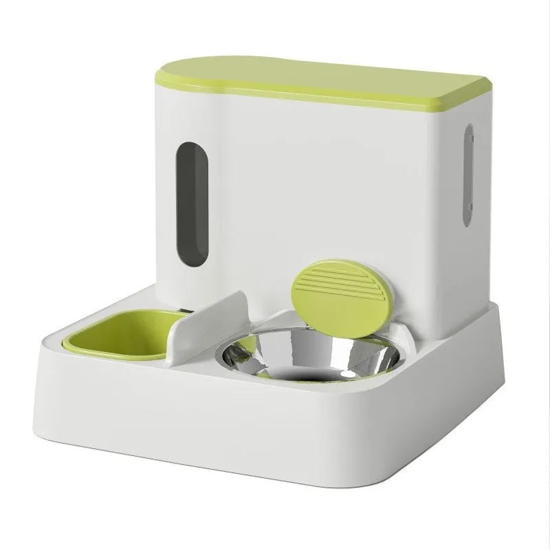 Grey automatic cat feeder and water dispenser unit with integrated double bowls