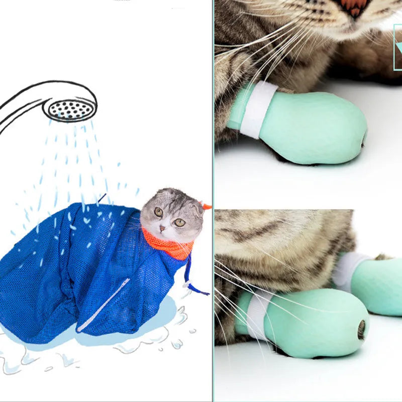 Four silicone cat foot covers designed to protect against scratches during pet care procedures