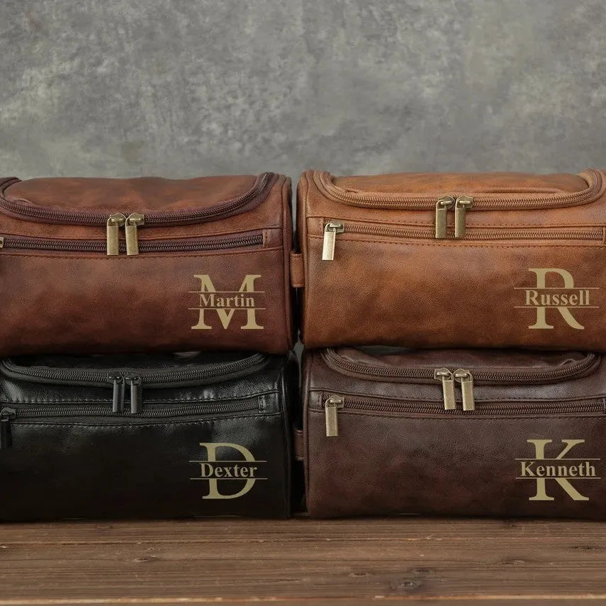 Men's personalised PU leather travel bag shown in four colour options: black, light brown, brown, dark brown.