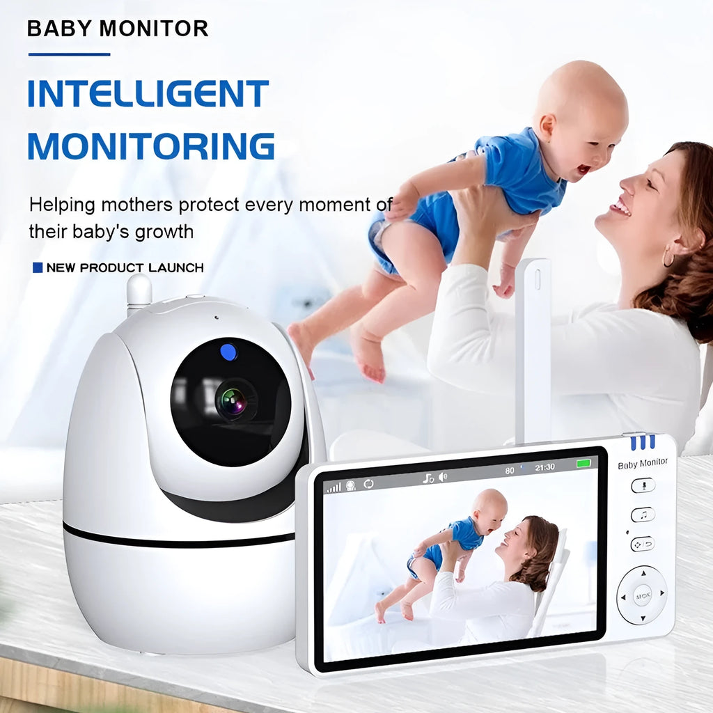 White 5-inch HD wireless baby monitor and camera on a nursery shelf.