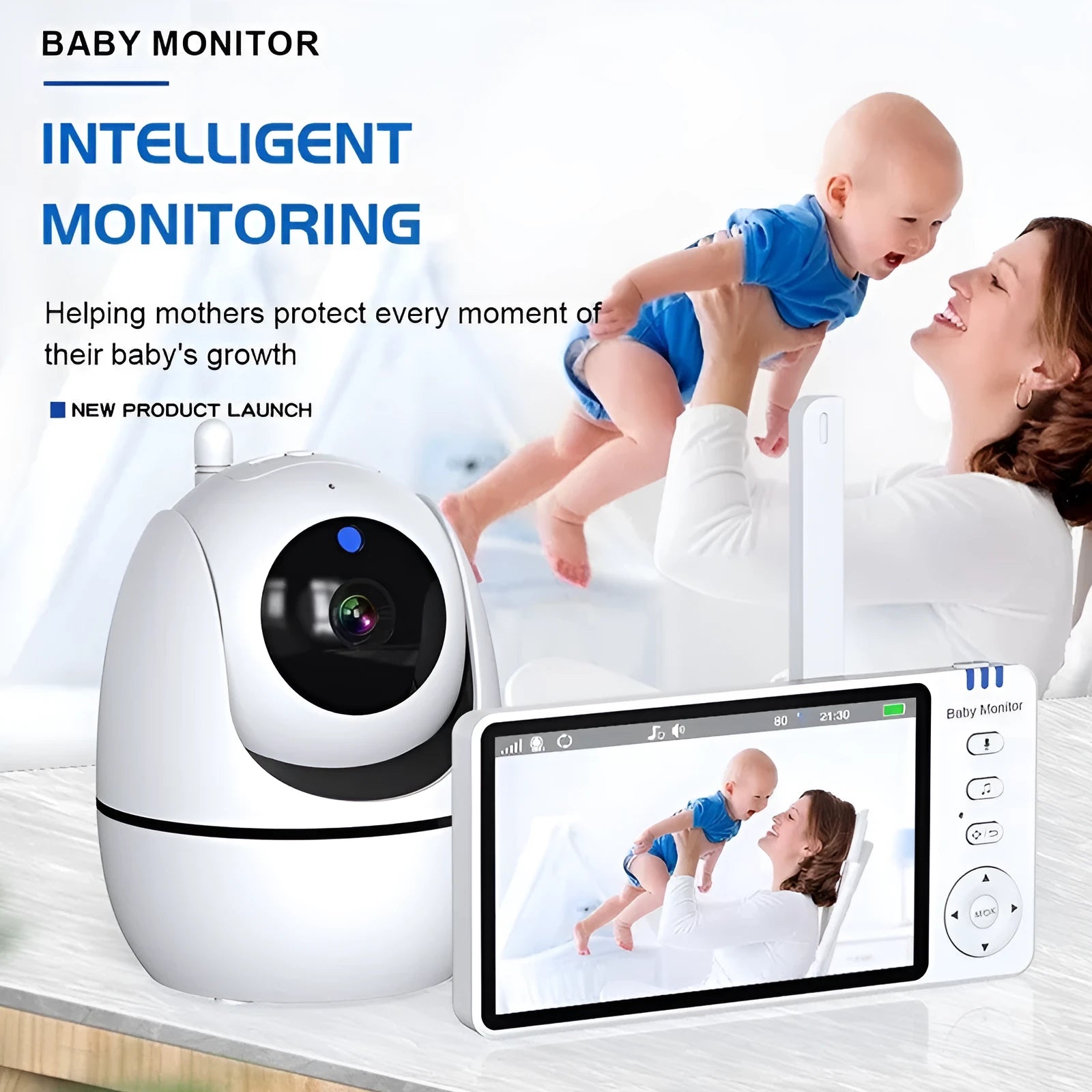 White 5-inch HD wireless baby monitor and camera on a nursery shelf.