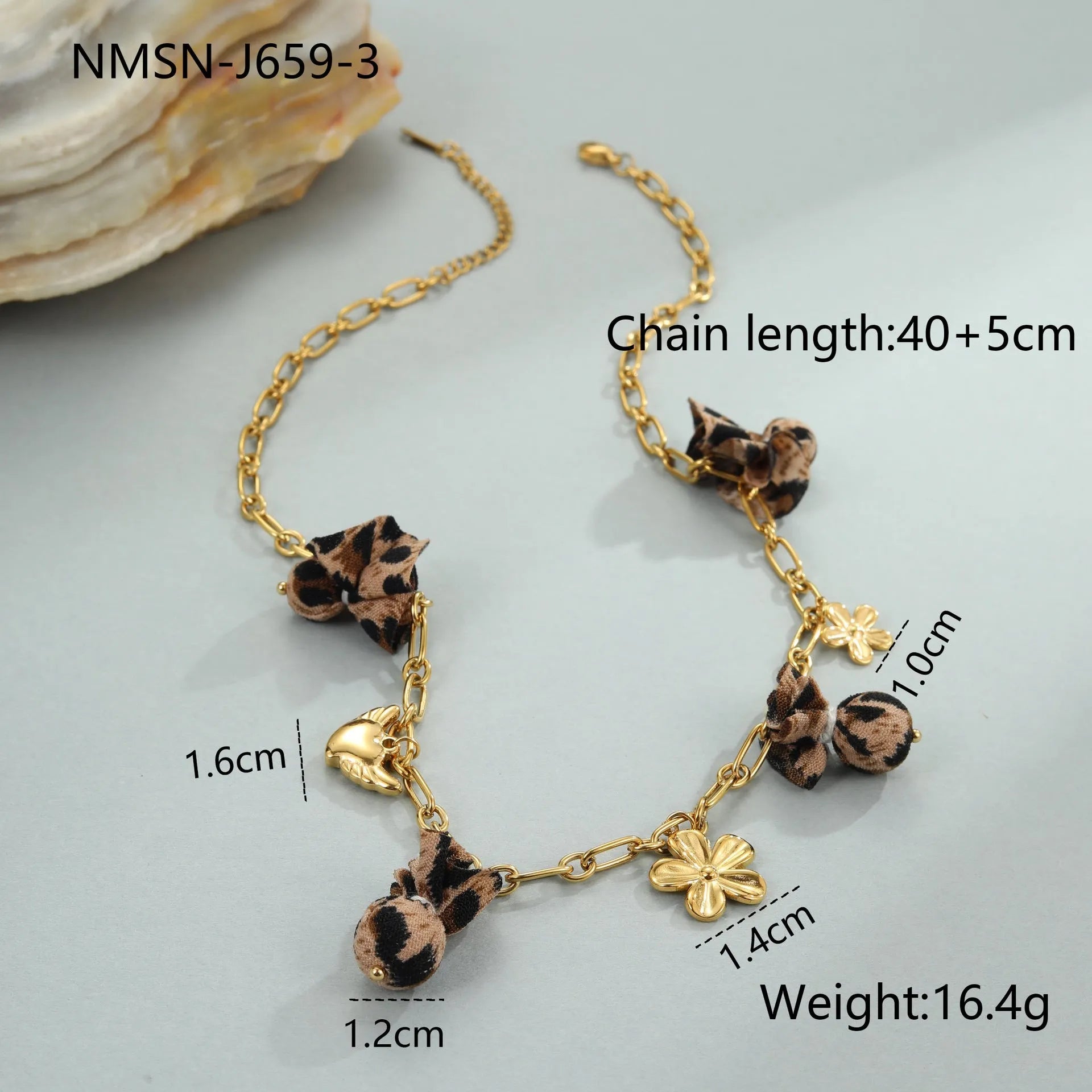 Stainless steel necklace with leopard heart and flower pendant, 18K gold plated, adjustable 41-50cm chain for women.