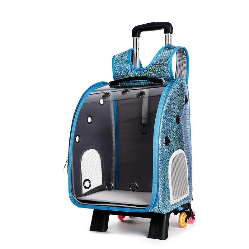 Transparent foldable pet trolley bag for small dogs and cats with shoulder carrying strap