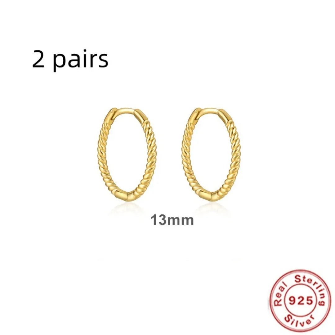 Twist S925 Sterling Silver twisted string round ring earrings in gold or platinum colour.