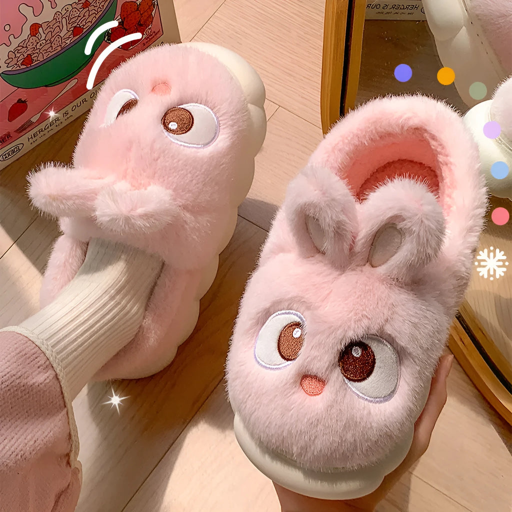 Female cartoon ankle wrap thermal cotton slippers in pink, blue, and gray options with suede upper and non-slip PVC sole