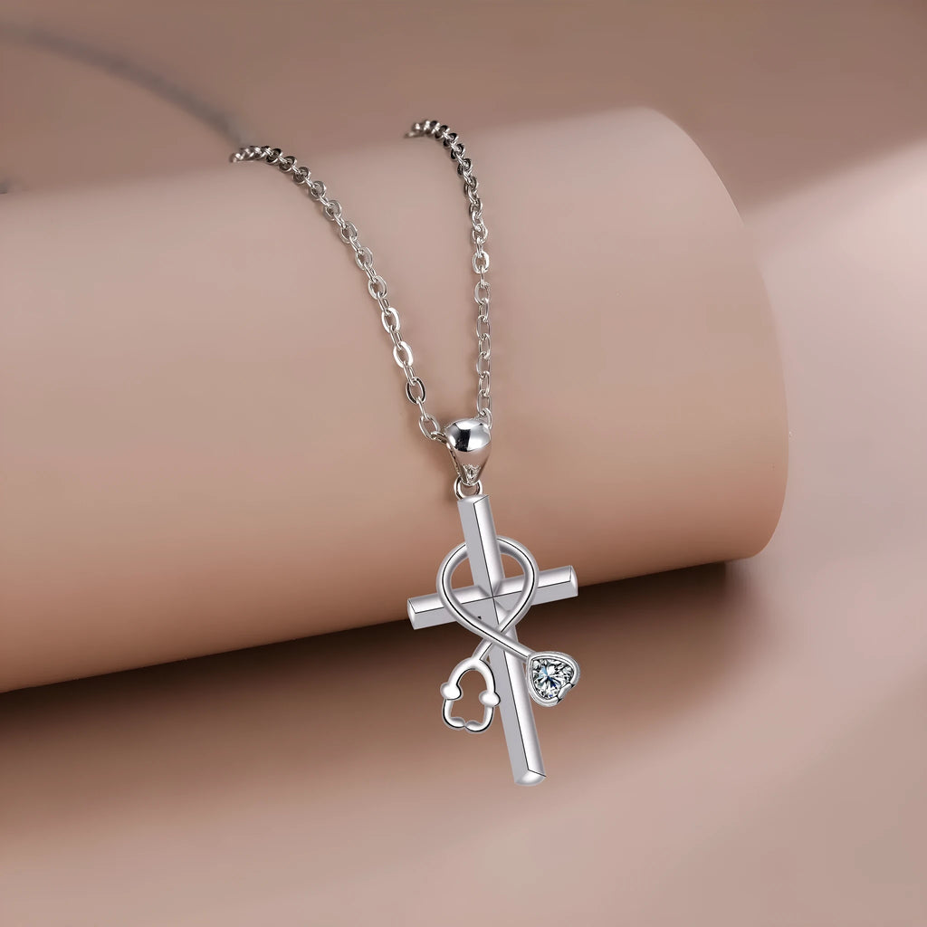 Copper cross stethoscope necklace with electroplated finish, original medical-themed design