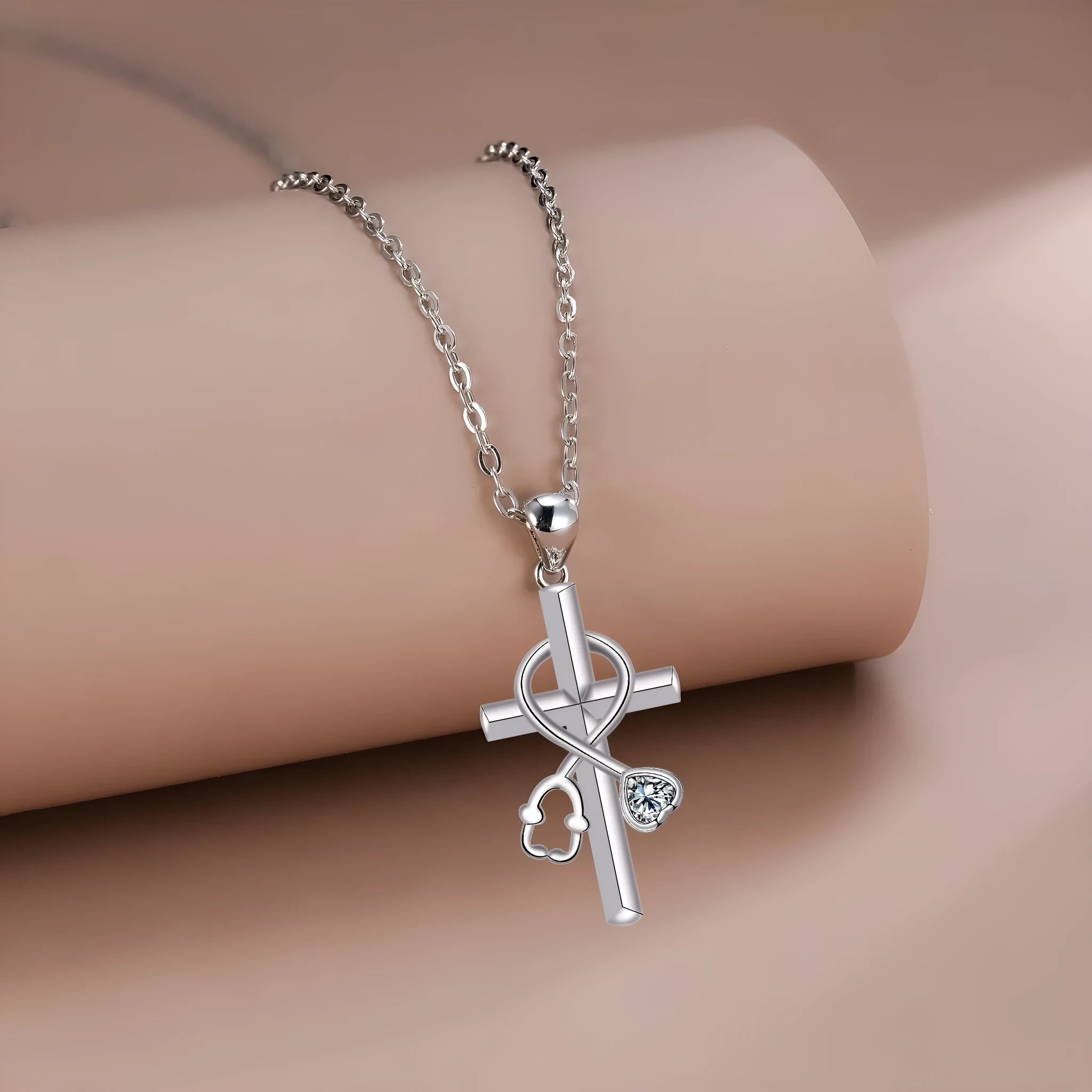 Copper cross stethoscope necklace with electroplated finish, original medical-themed design