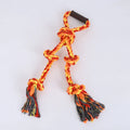 Blue and yellow woven cotton rope dog tug toy with a textured handle for large breed dogs.