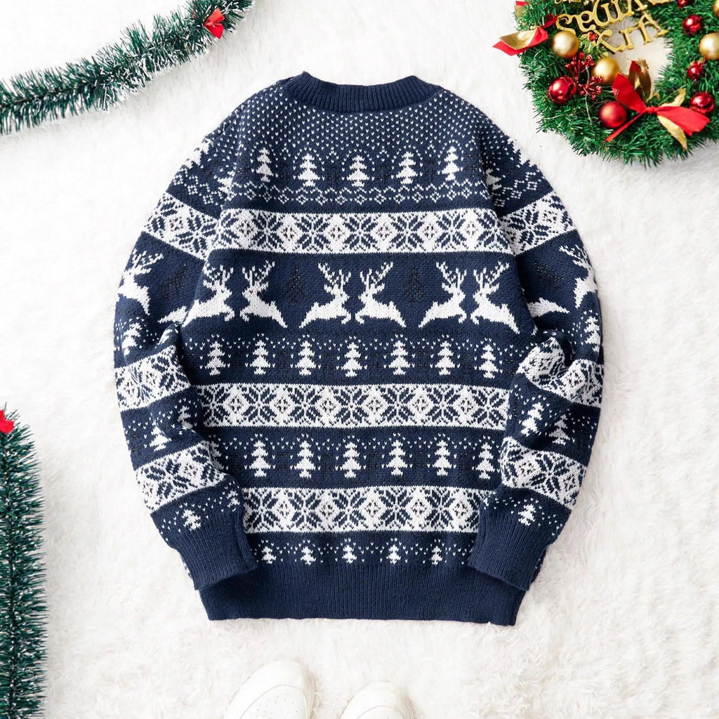 Men's red loose jacquard Christmas sweater with round neck and long sleeves on display
