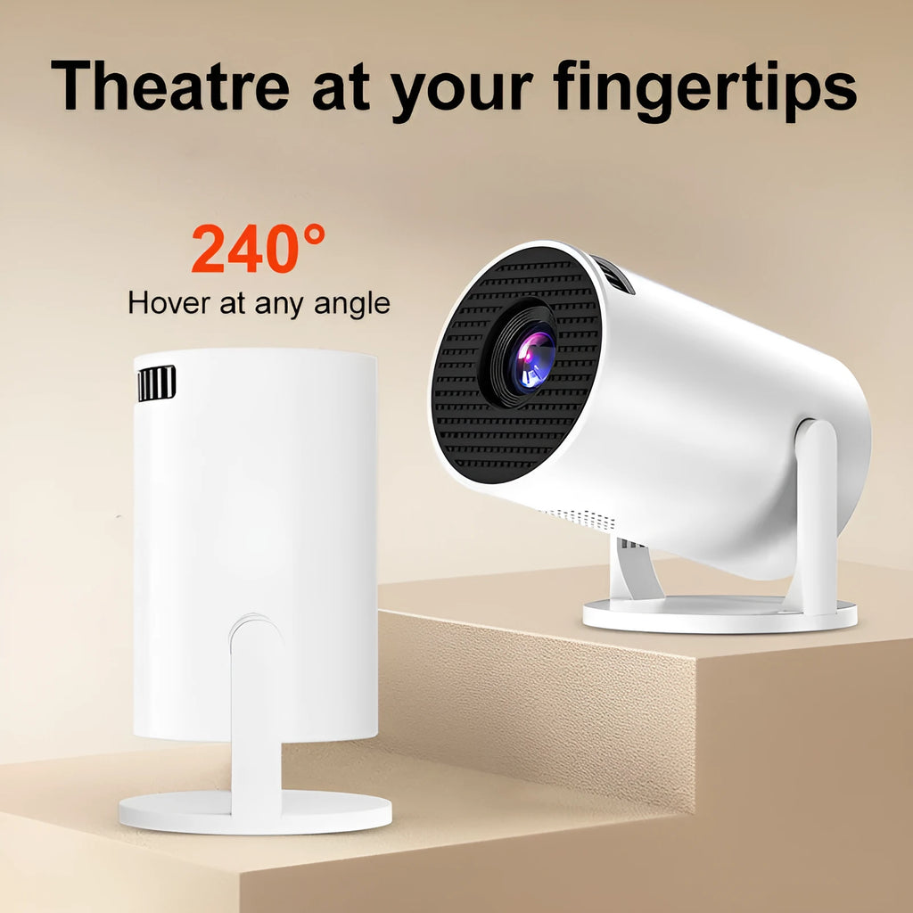 White MINI wireless HD portable projector showing 1080p resolution and wireless connectivity features