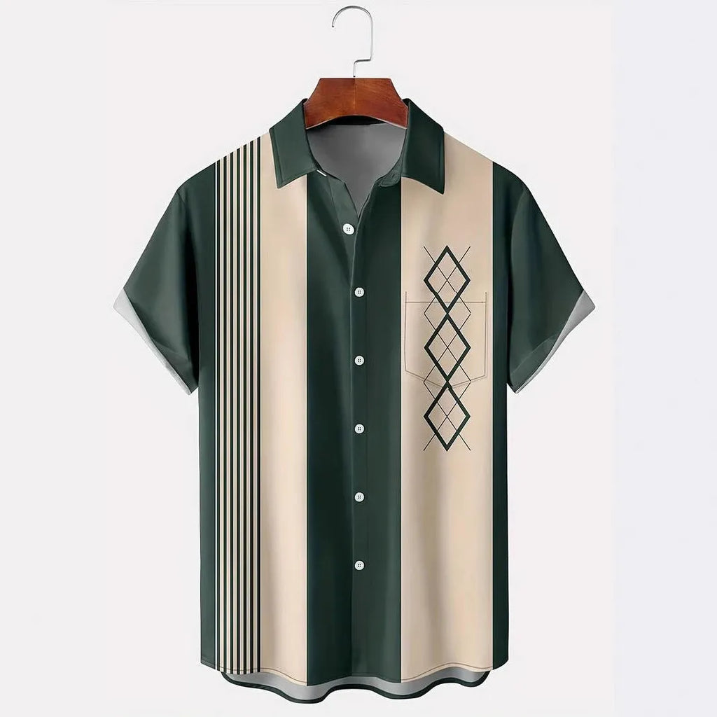 Men's loose fit plaid short-sleeve shirt with cardigan lapel in stretch polyester fabric