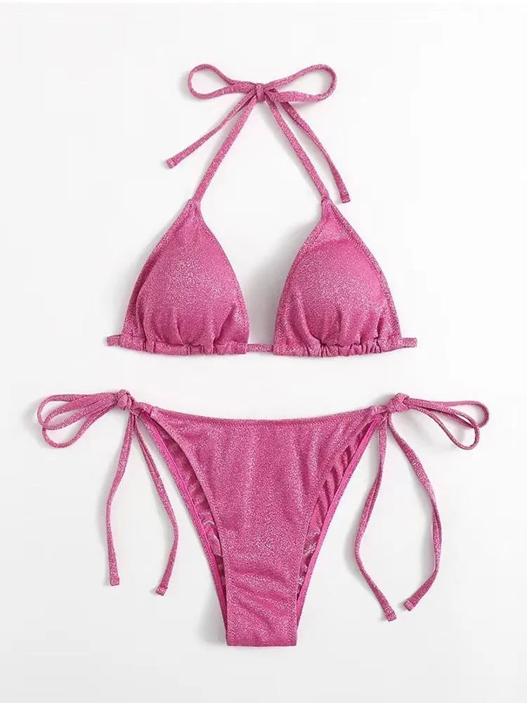 Women's split bandage bikini swimsuit in polyester fabric showing colour options and styling