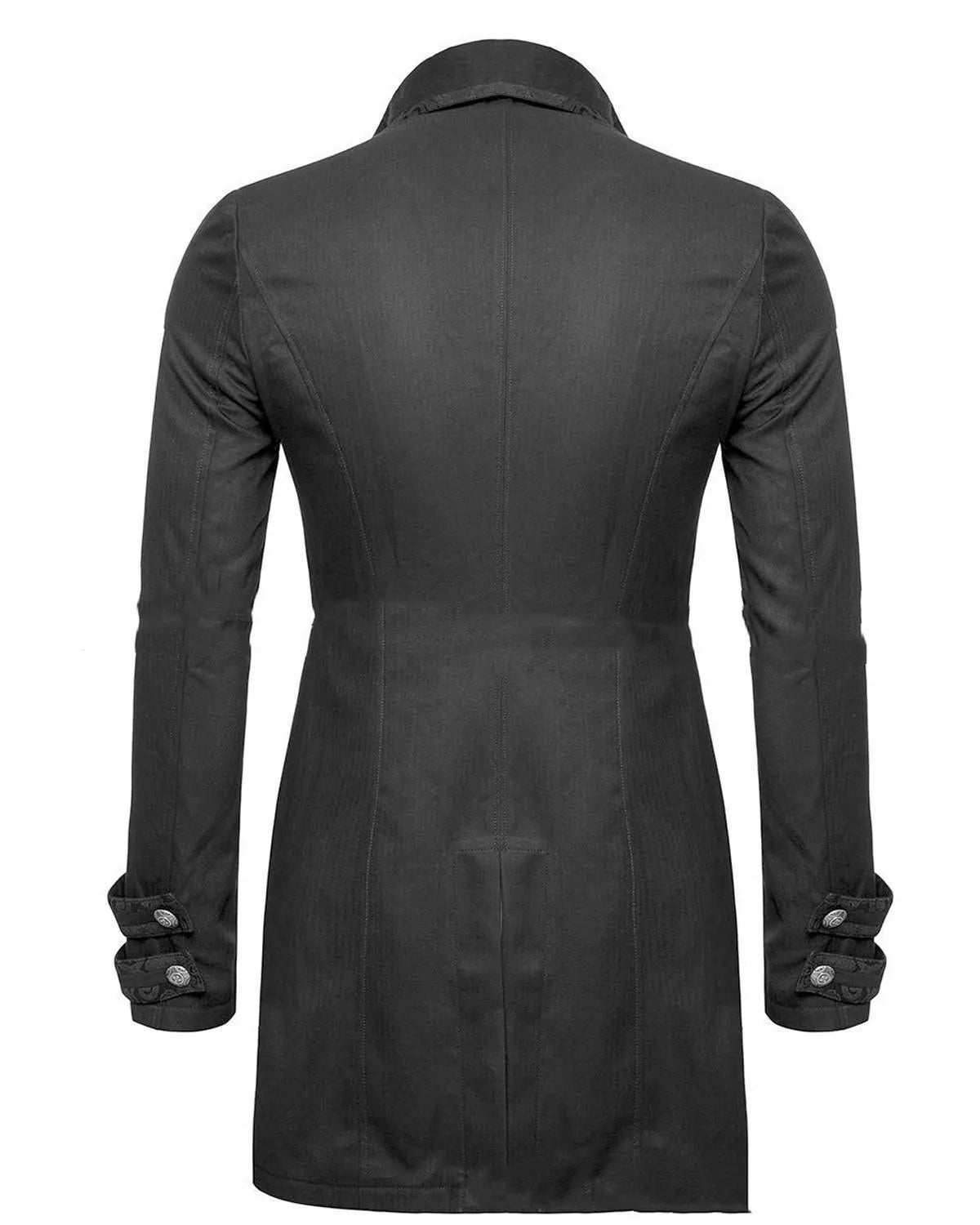 Black Victorian morning gown cosplay jacket with chemical fibre blend construction showing front view