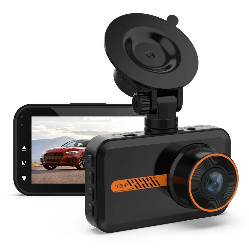 ThiEYE front and rear dash cam with 3-inch screen, suction cup mount, rear camera, and installation cables