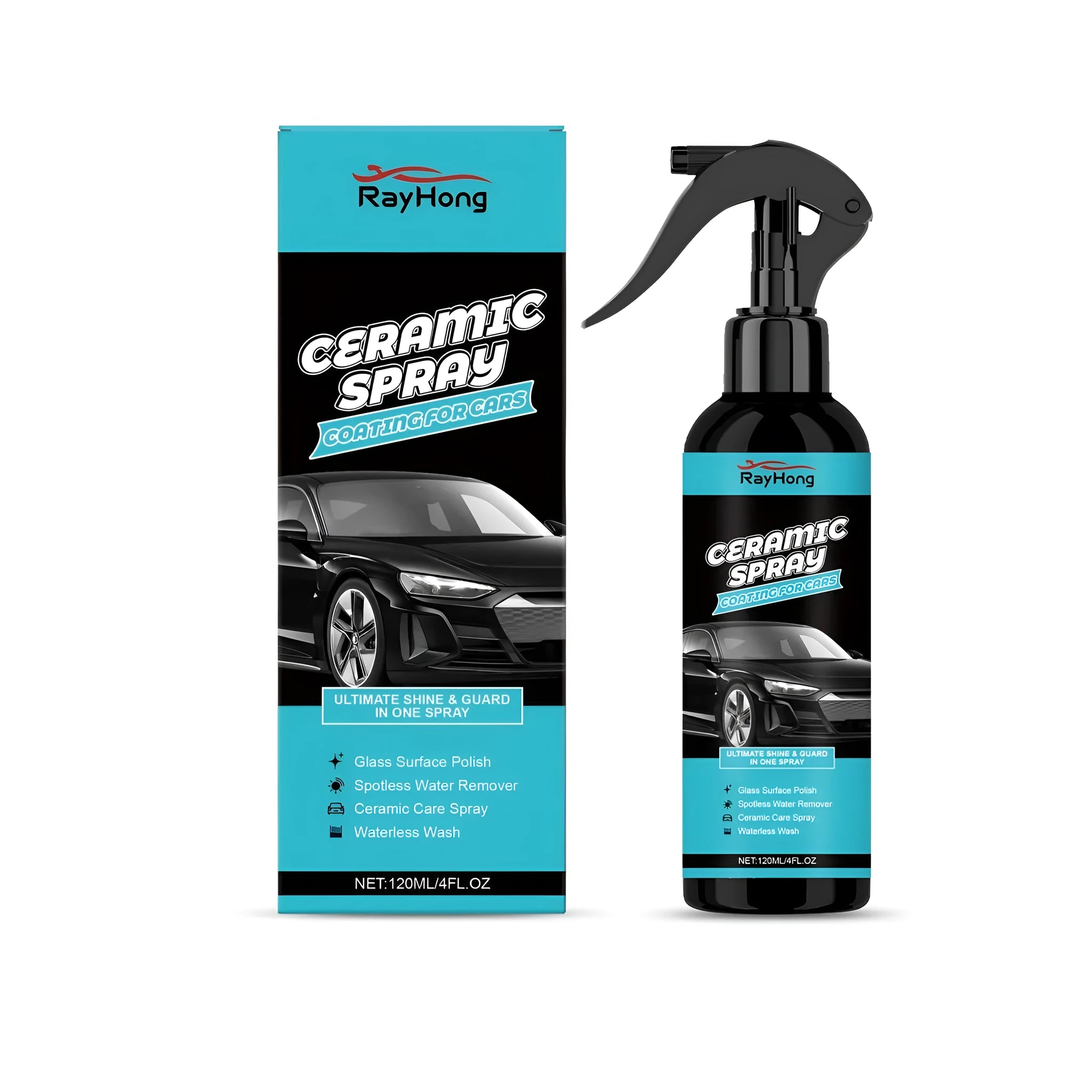 120ml bottle of PTFE ceramic coating spray for automotive paint protection on a clean car bonnet.