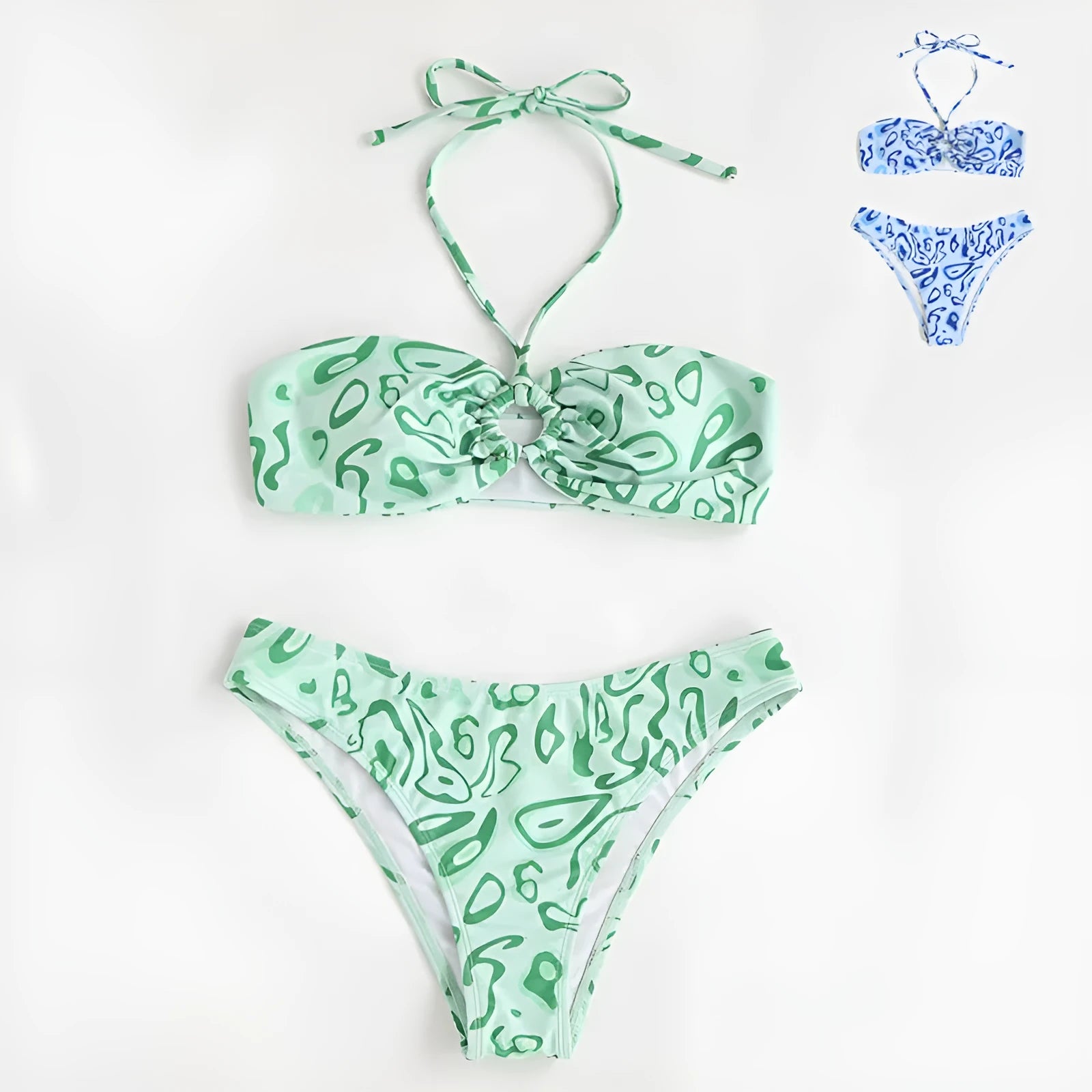 Blue floral bandeau bikini swimsuit with split high-cut legs and adjustable triangle top