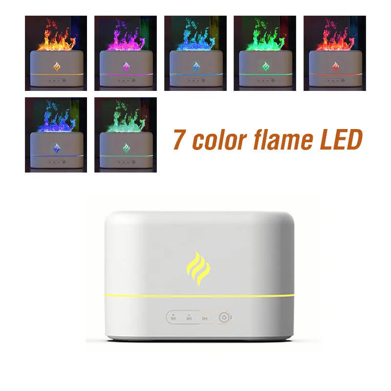 Black and white USB humidifier showing seven-colour flame light effect on a desk.