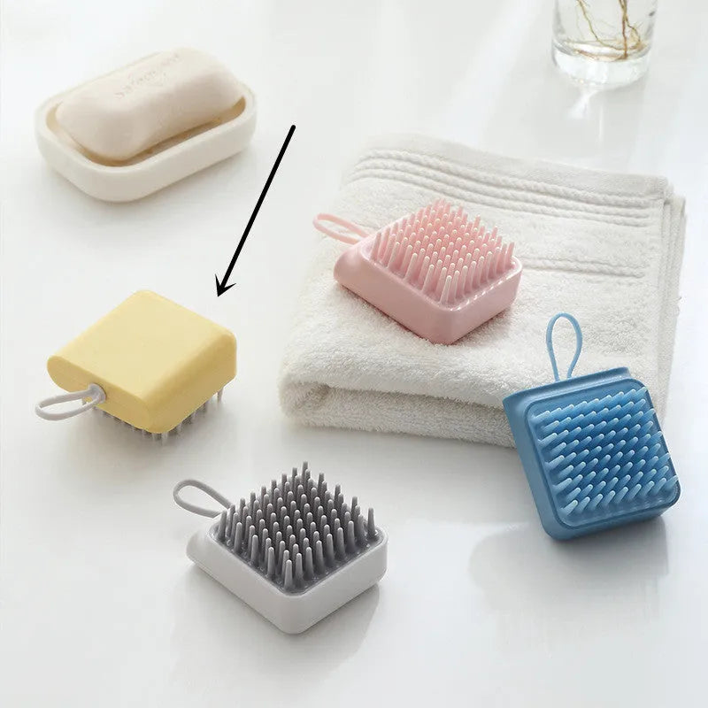 Pet bath massage brush with soft TPR bristles and ergonomic handle in white, blue, pink, yellow colours