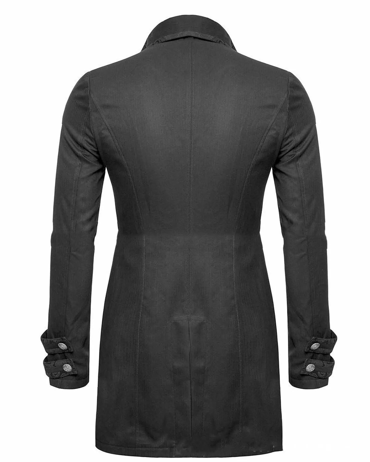Black Victorian morning gown cosplay jacket with chemical fibre blend construction showing front view