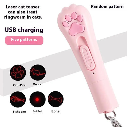 Rechargeable cat pen light toy with teaser attachment in pink, cream white, or sky blue