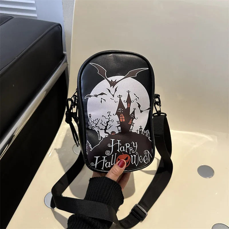 Halloween graffiti print crossbody bag with pumpkin ghost bat design in PU leather
