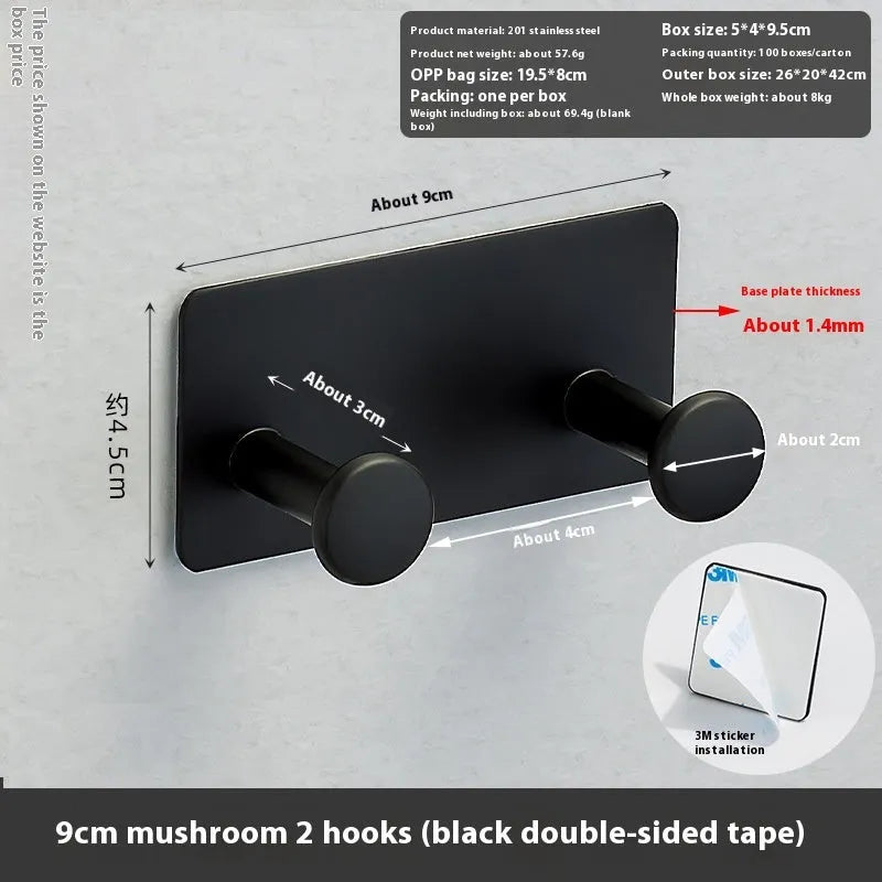 Screwless iron wall hook with mushroom design in three sizes for shower doors, with black and white tape options.
