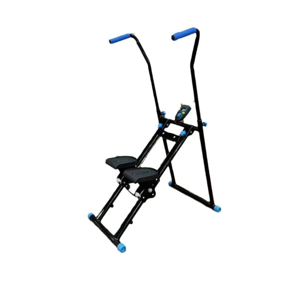 White foldable home treadmill with integrated climbing frame folded for compact storage