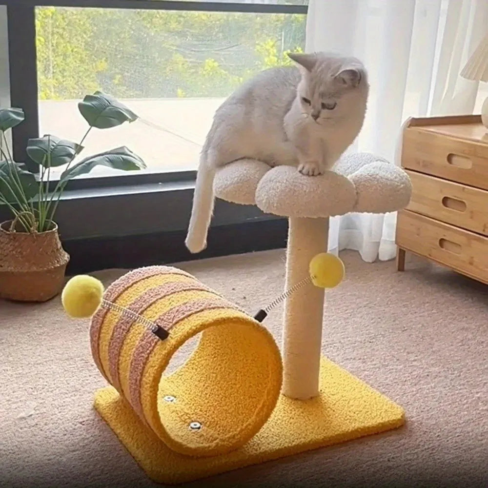 Yellow freestanding cat climbing frame with sisal scratching board and a tunnel