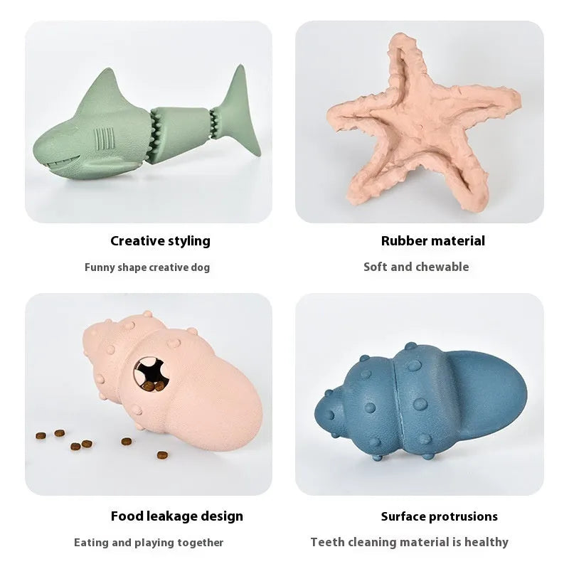 Deep sea shark rubber dog toy for puppies and small dogs in blue and green colour variations