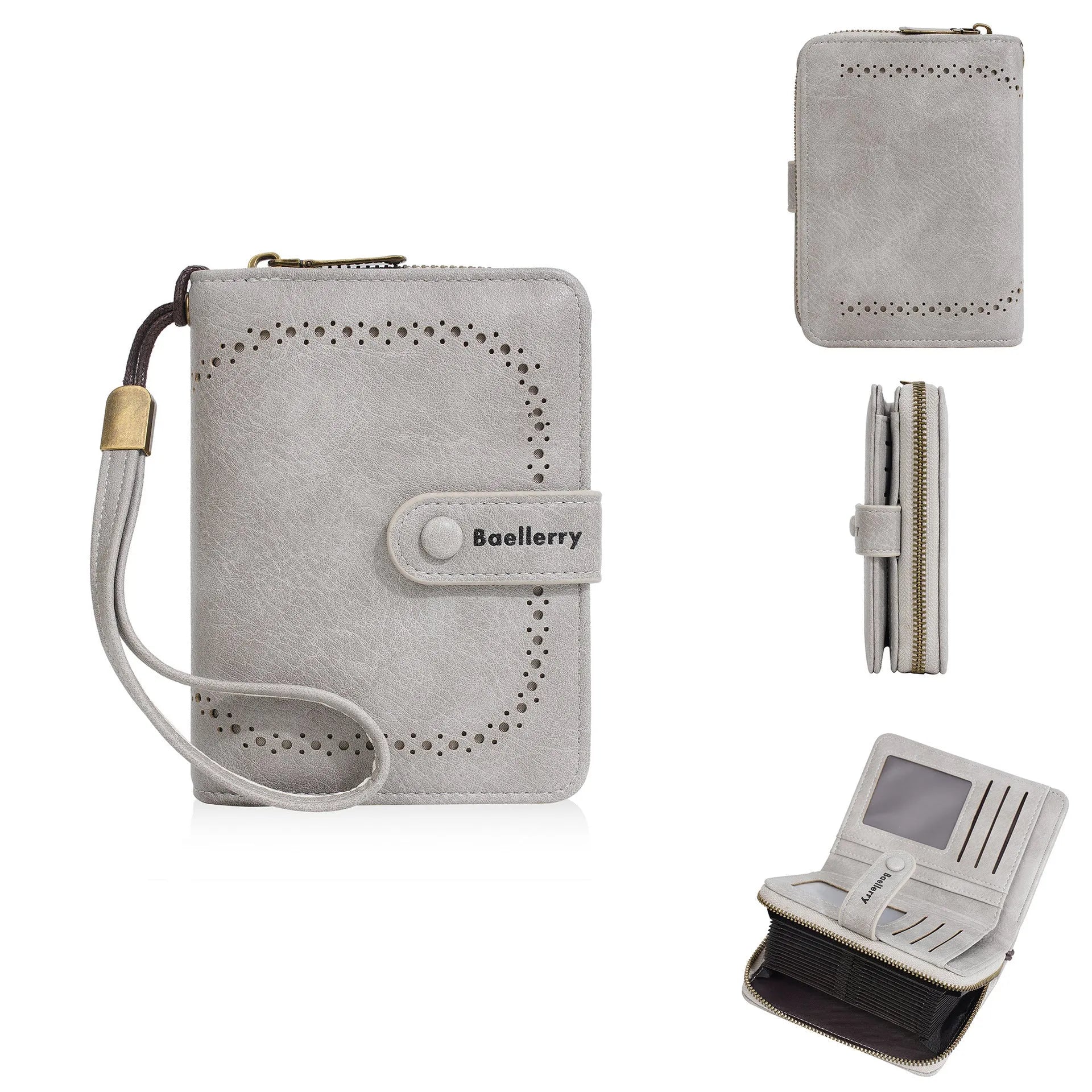 Women's black PU leather zip coin purse lying open showing card slots and a coin compartment.