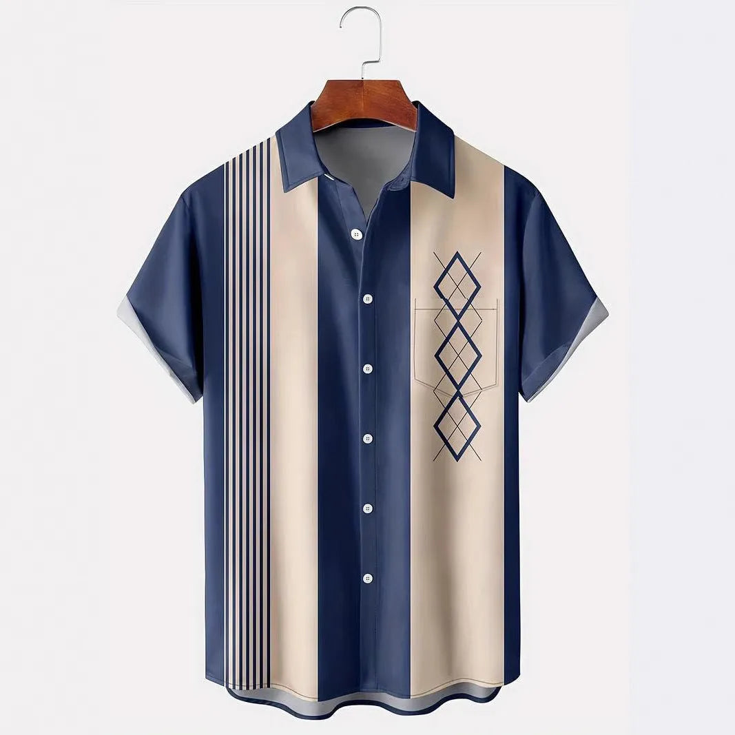 Men's loose fit plaid short-sleeve shirt with cardigan lapel in stretch polyester fabric