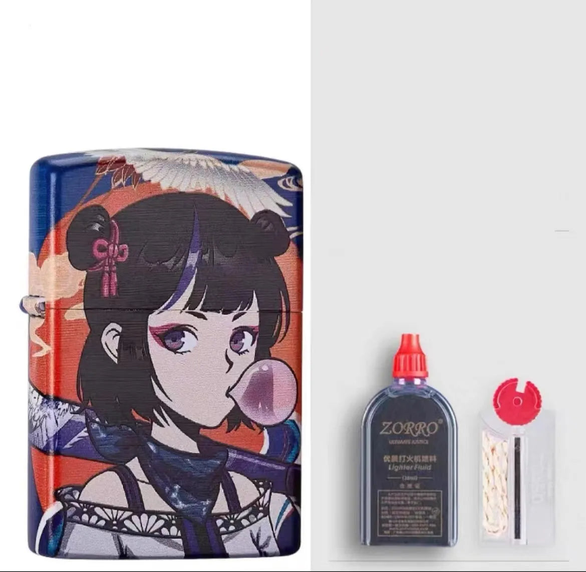 Windproof kerosene lighter with decorative copper case showing artistic design
