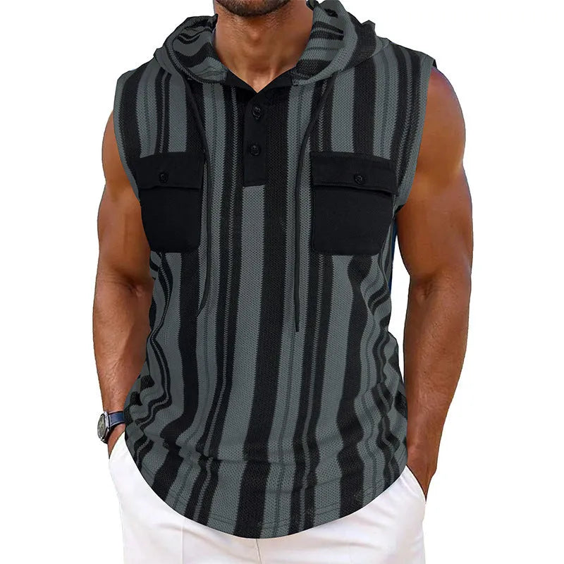 Men’s striped sleeveless hooded vest in black and white stripes, polyester fabric, front pockets