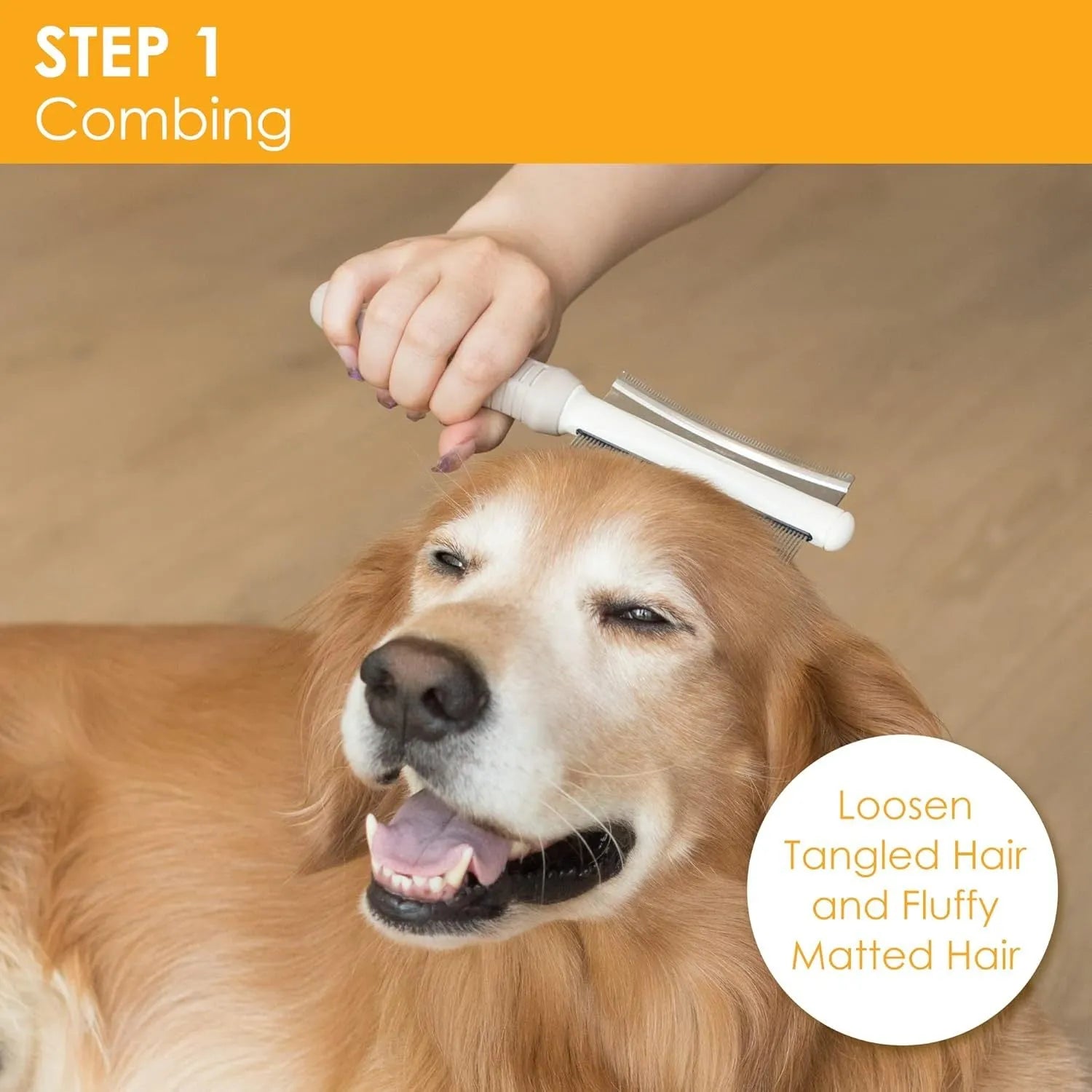 White 2-in-1 professional pet grooming brush with curved comb and deshedding brush sides on a textured handle.