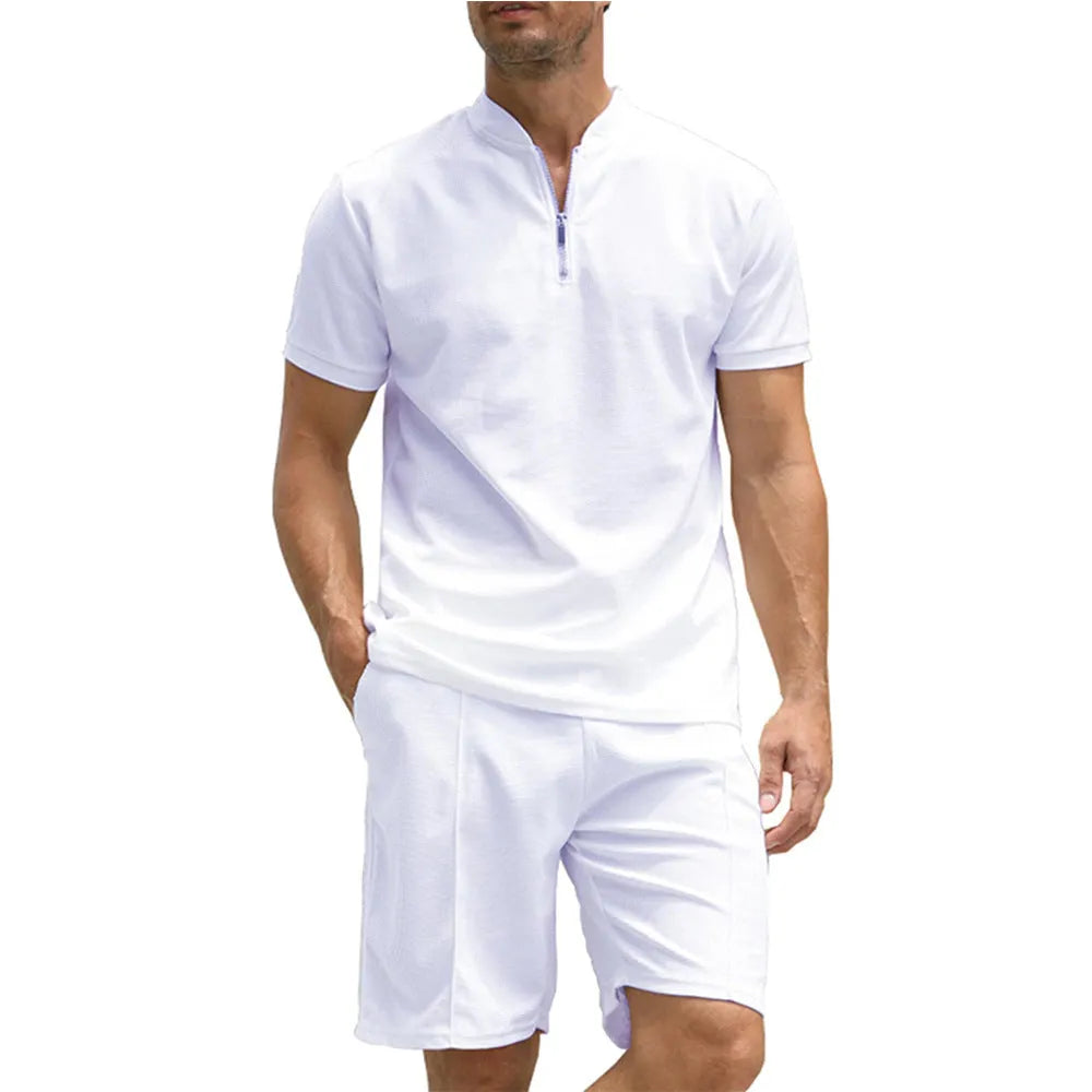 Men's solid colour polo shirt and shorts two-piece set in textured polyester fabric