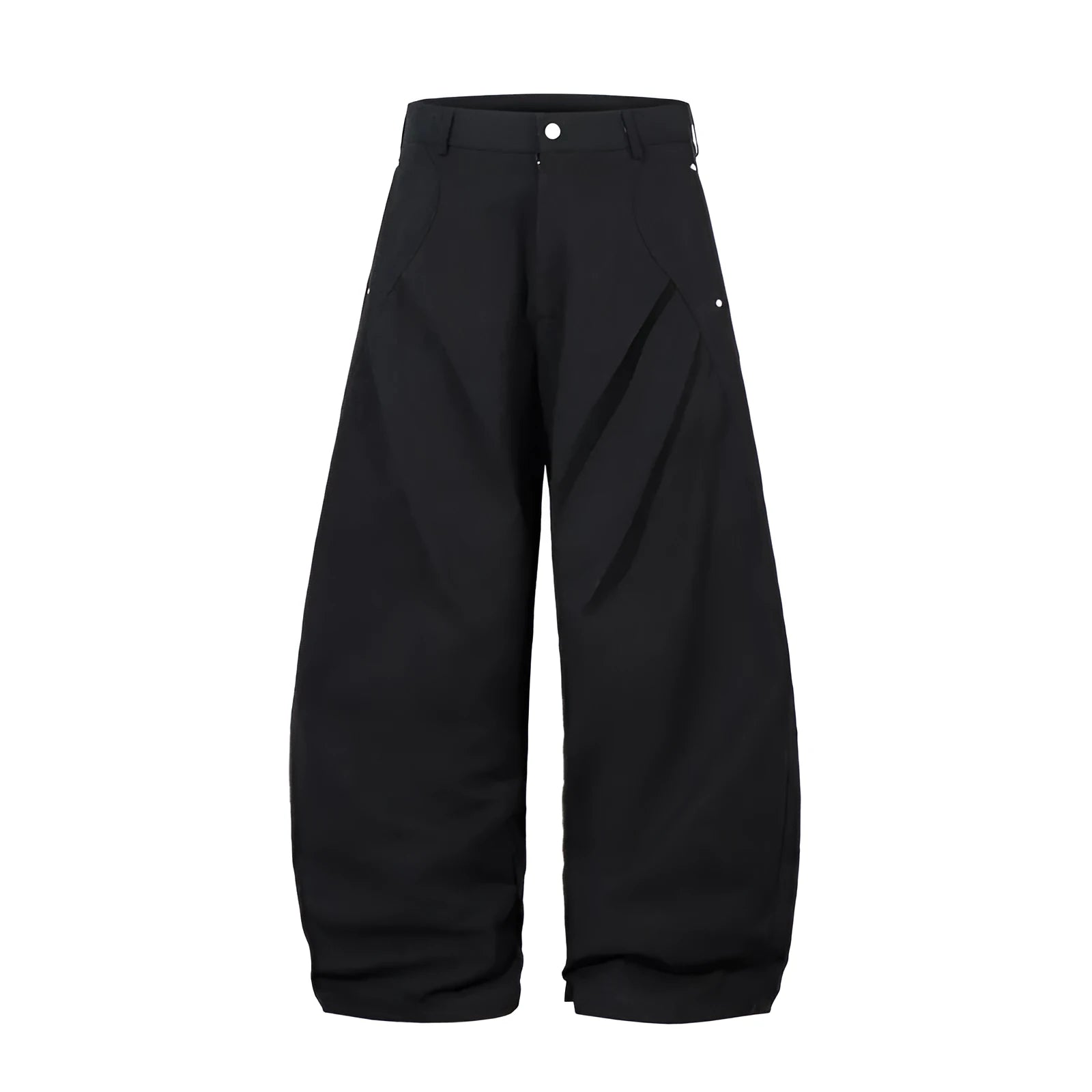 Men's black cotton loose-fit wide-leg trousers with machete pleats and an elasticated waistband