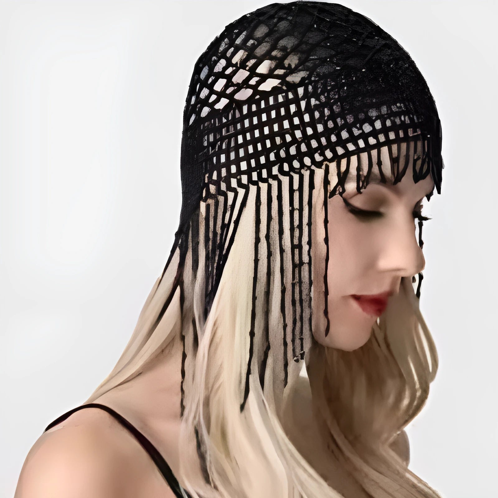 Handmade alloy belly dance hat with beaded tassels in silver or black mesh for women