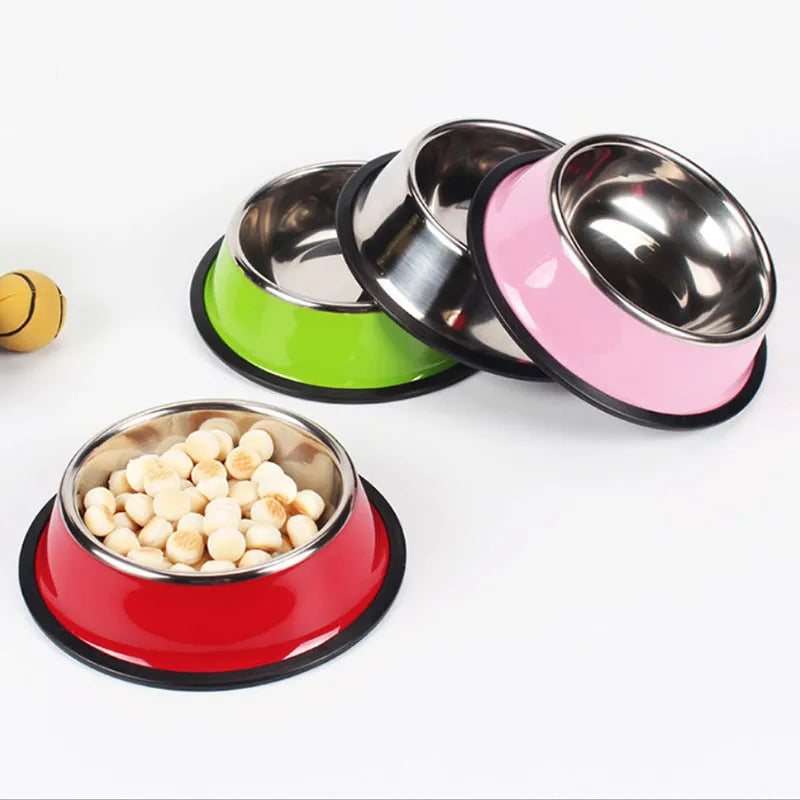 Stainless steel pet bowl with colourful melamine base and non-slip rubber ring in multiple colour options