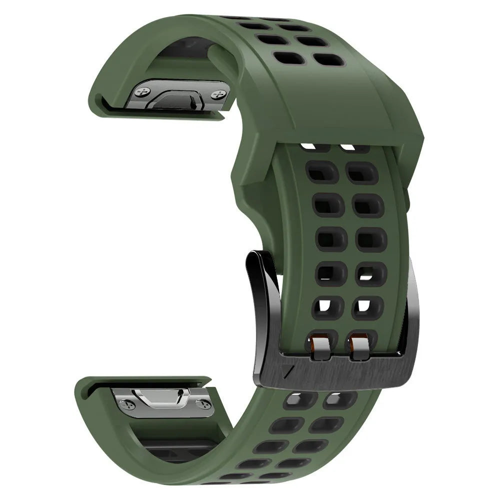 Quick release two-tone silicone watch strap with pin buckle in Army Green Black colour.