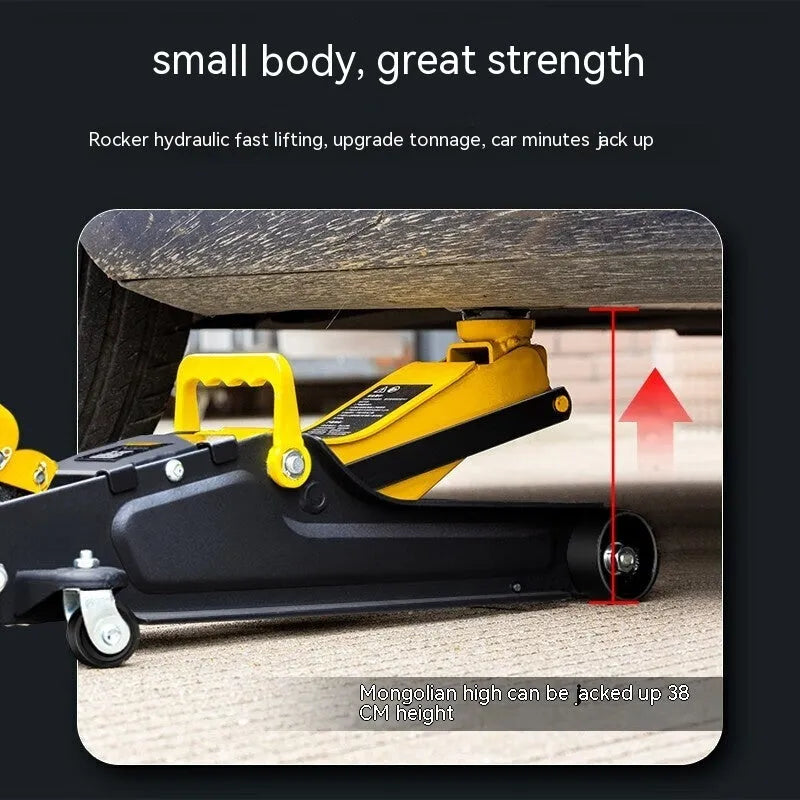 Horizontal hydraulic car jack with handle and compression member for low-profile vehicle tyre changes