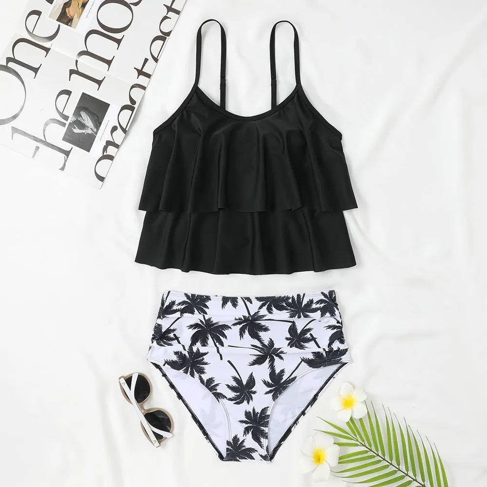 Women's high-waisted double-layer swimsuit with coconut tree floral pattern and solid black options