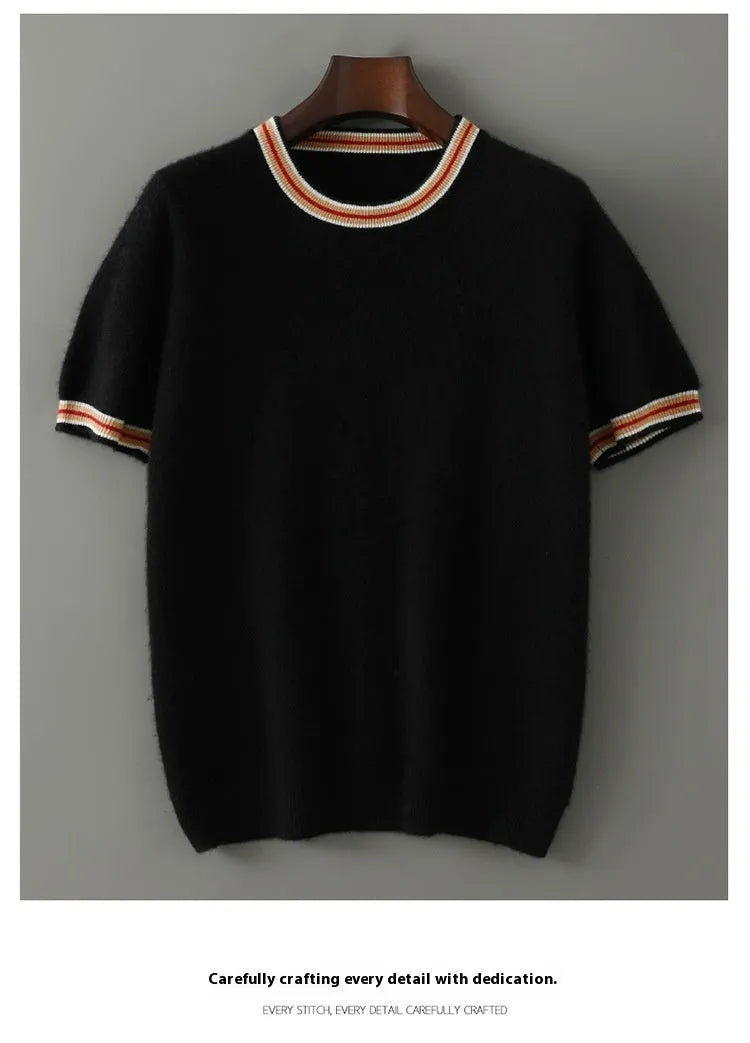 Men's round neck pure wool short sleeve sweater in grey showing regular sleeves and standard wool texture