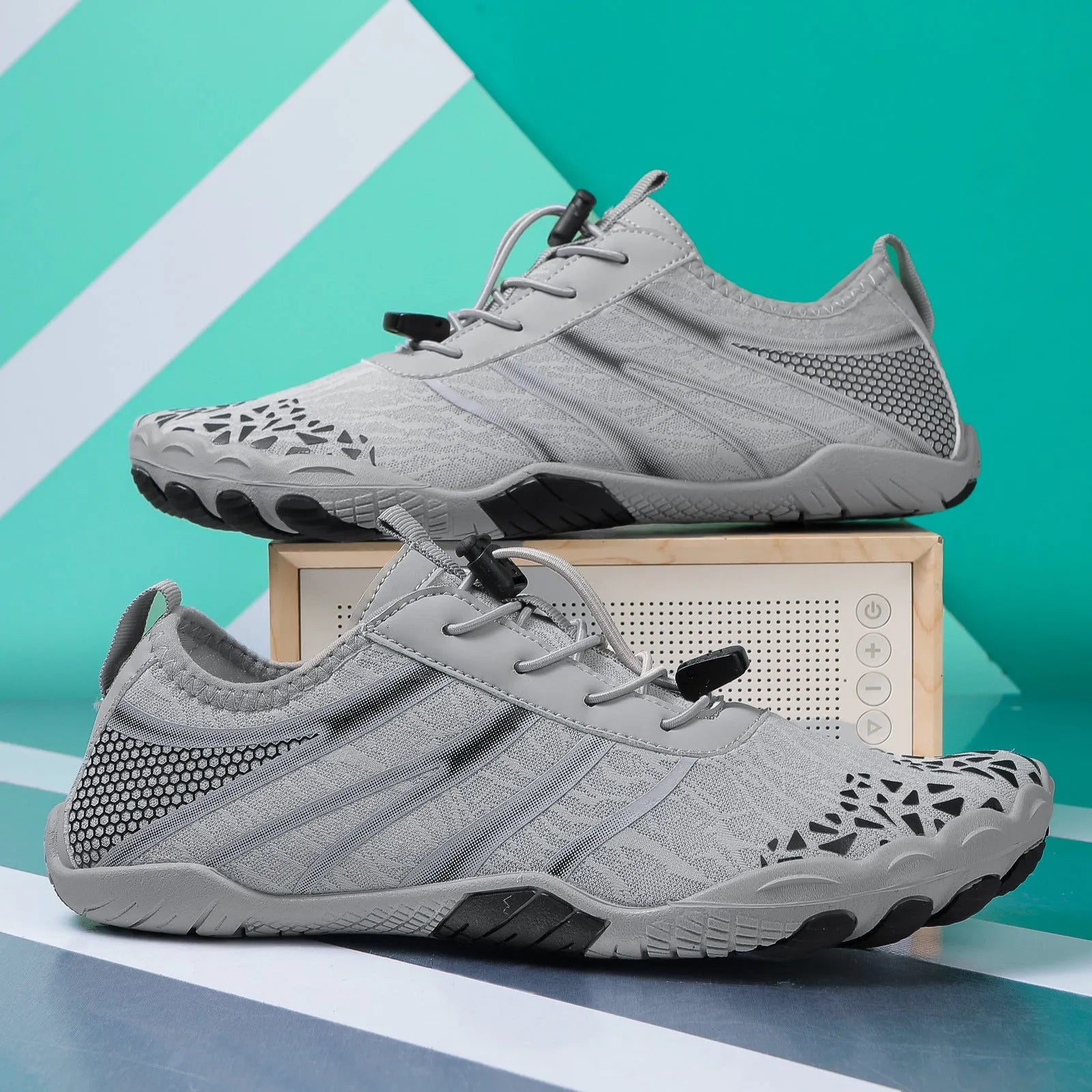 Casual unisex beach running shoes with Lycra stretch fabric upper, shown in beige colour.