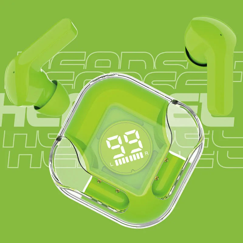 White wireless Bluetooth TWS in-ear headphones with a plastic case on a neutral background.