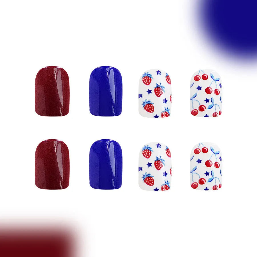 Short glossy false nail stickers with red and blue strawberry cherry design for Independence Day