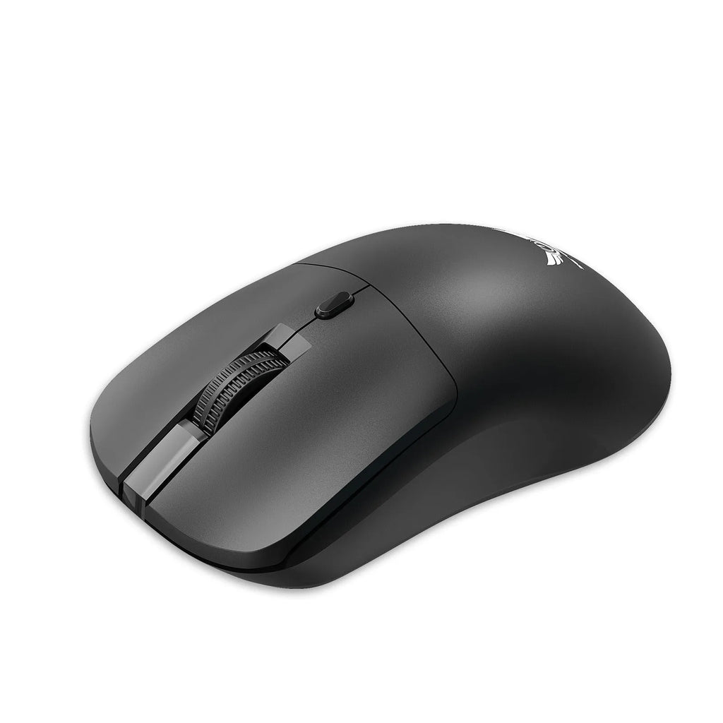 Black wireless mouse with three audio control buttons and scroll wheel